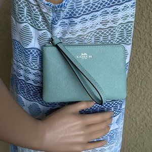 Coach Corner Zip Wristlet Light Teal Leather